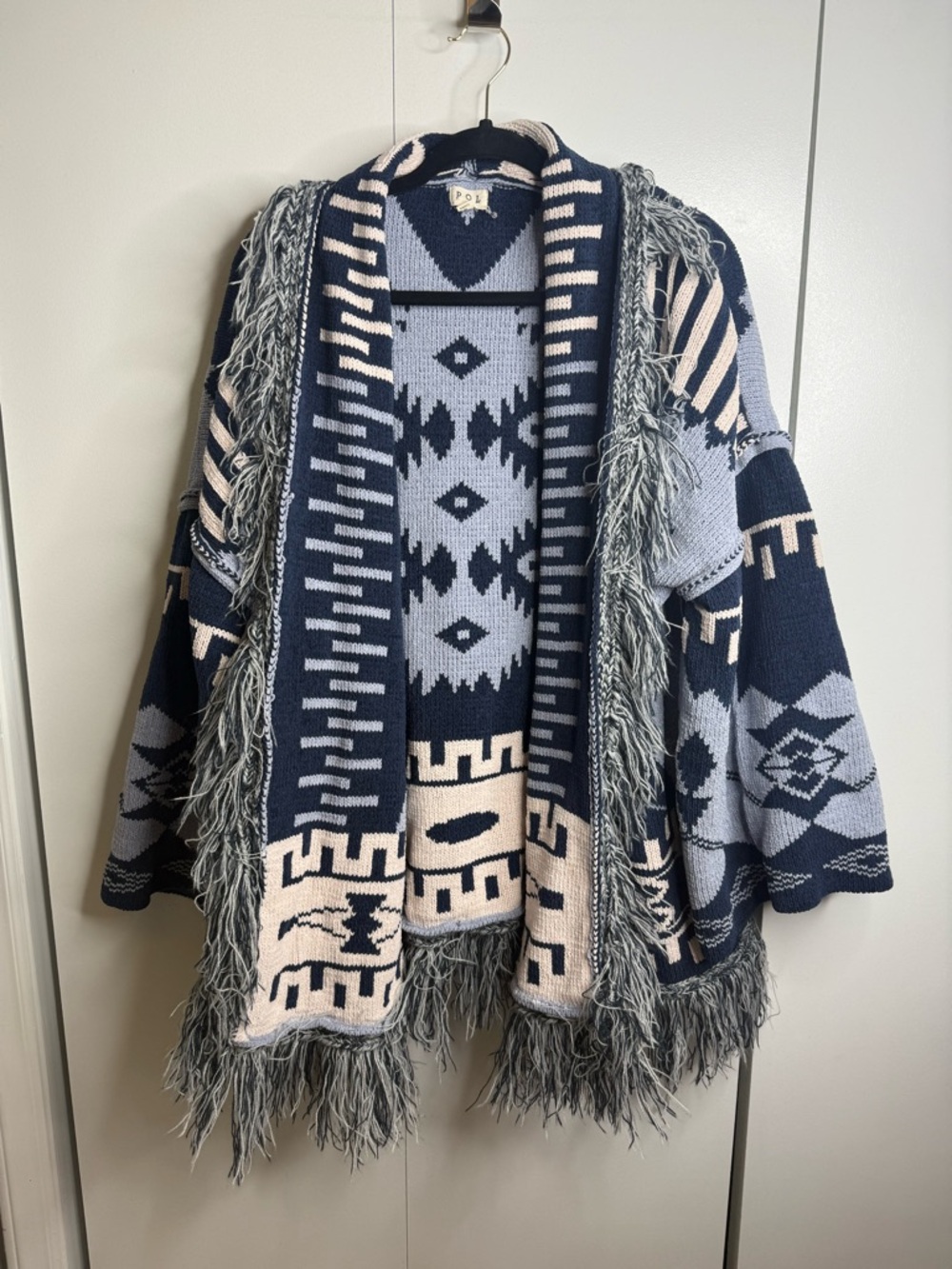 POL Indigo Blue Aztec pattern fringe chenille cardigan sweater Blue White Large - Picture 3 of 7